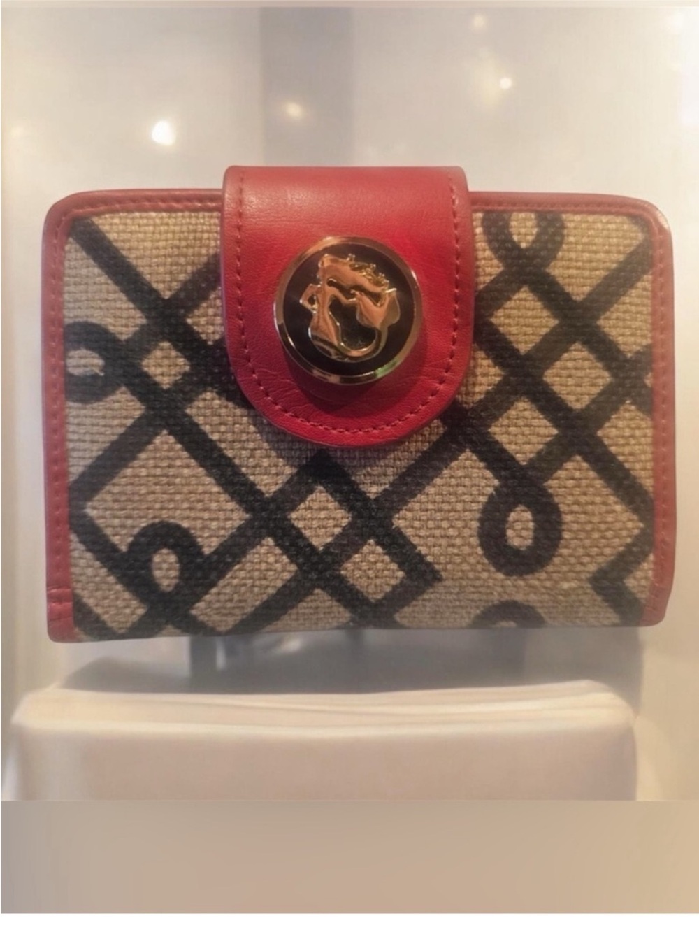 Like New ~ Spartina 449 Red-Trim Canvas Wallet with Black Geometric Pattern